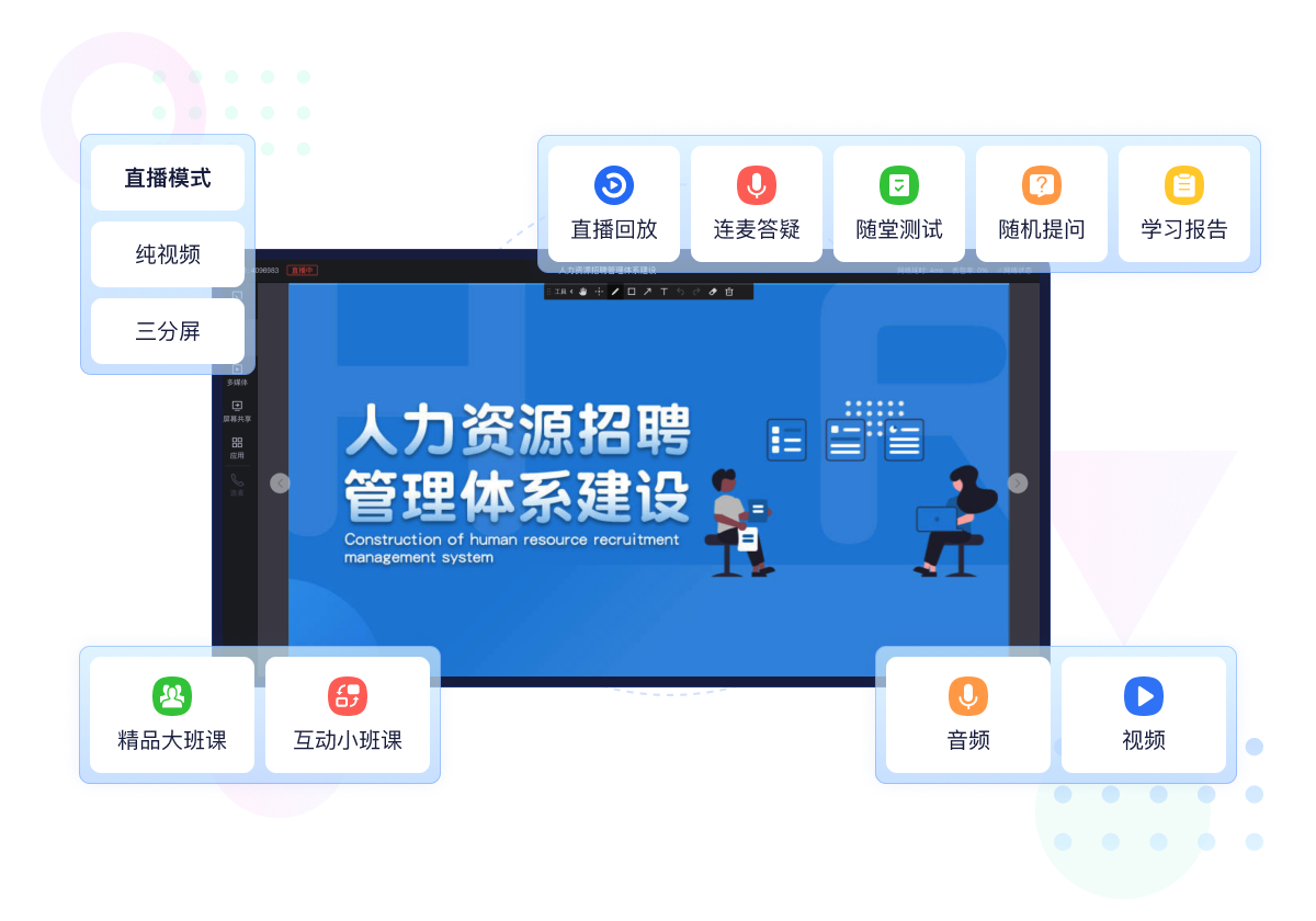 直播教学 支持音大班课、小班课、白板、连麦互动，随堂考试等，呈现真实课堂的教学环境。